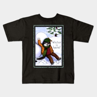 Cat boy making a snowman Kids T-Shirt